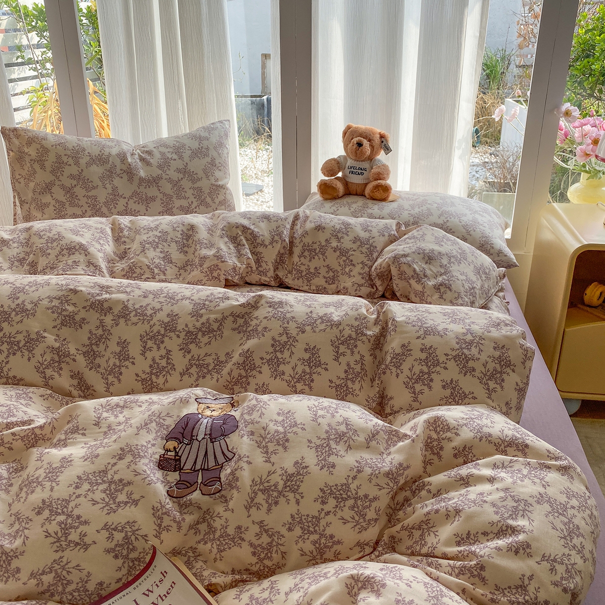 91家纺网 家纺一手货源 找家纺 尚品本色 2026新款全棉纯棉双层纱印花刺绣四件套 紫萱