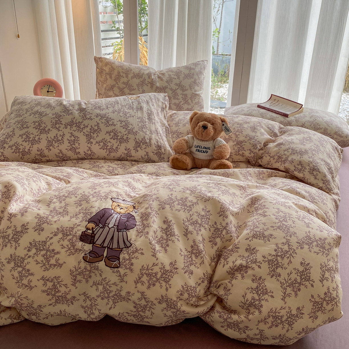 91家纺网 家纺一手货源 找家纺 尚品本色 2026新款全棉纯棉双层纱印花刺绣四件套 紫萱