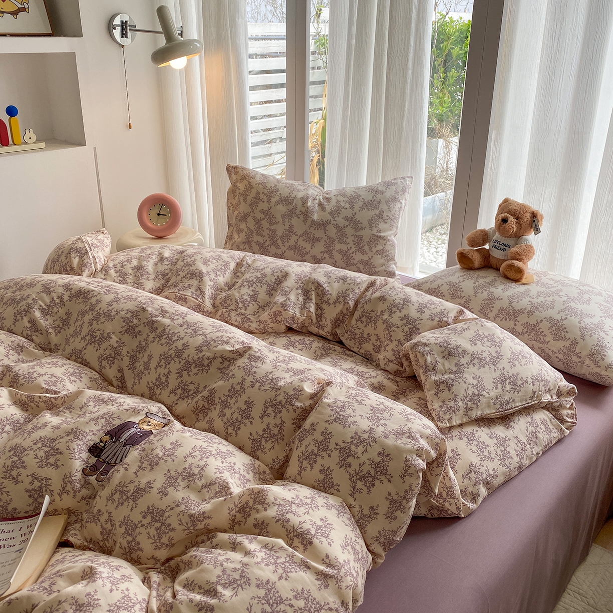 91家纺网 家纺一手货源 找家纺 尚品本色 2026新款全棉纯棉双层纱印花刺绣四件套 紫萱