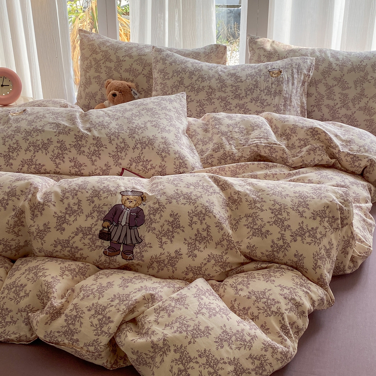 91家纺网 家纺一手货源 找家纺 尚品本色 2026新款全棉纯棉双层纱印花刺绣四件套 紫萱