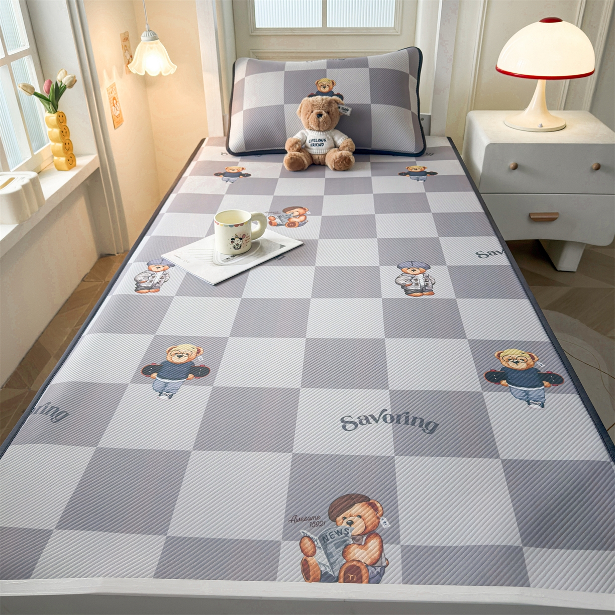 91家纺网 家纺一手货源 找家纺 慕木家纺 2026新款A类三明治复合冰丝席泰迪爱兰系列学生款（正版授权）（提供买家秀） 泰迪灰格