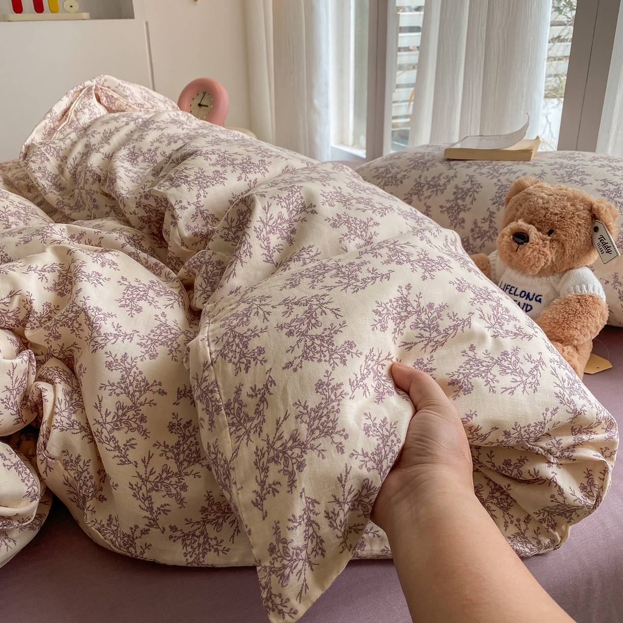 91家纺网 家纺一手货源 找家纺 尚品本色 2026新款全棉纯棉双层纱印花刺绣四件套 紫萱