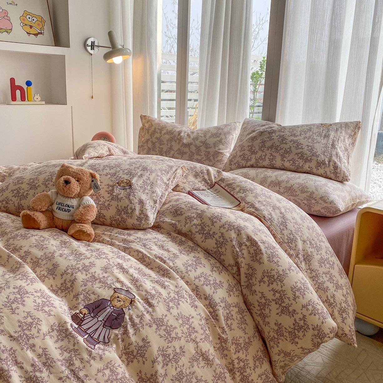 91家纺网 家纺一手货源 找家纺 尚品本色 2026新款全棉纯棉双层纱印花刺绣四件套 紫萱