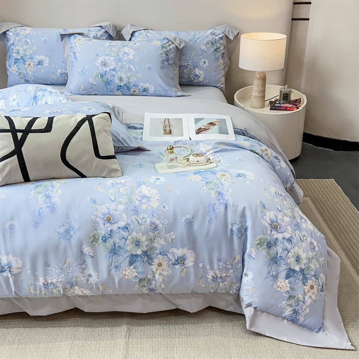 91家纺网 家纺一手货源 找家纺 （总）慕木家纺 2026新款A类印花拼角工艺慕斯棉四件套系列（抽空压缩可供跨境）提供买家秀