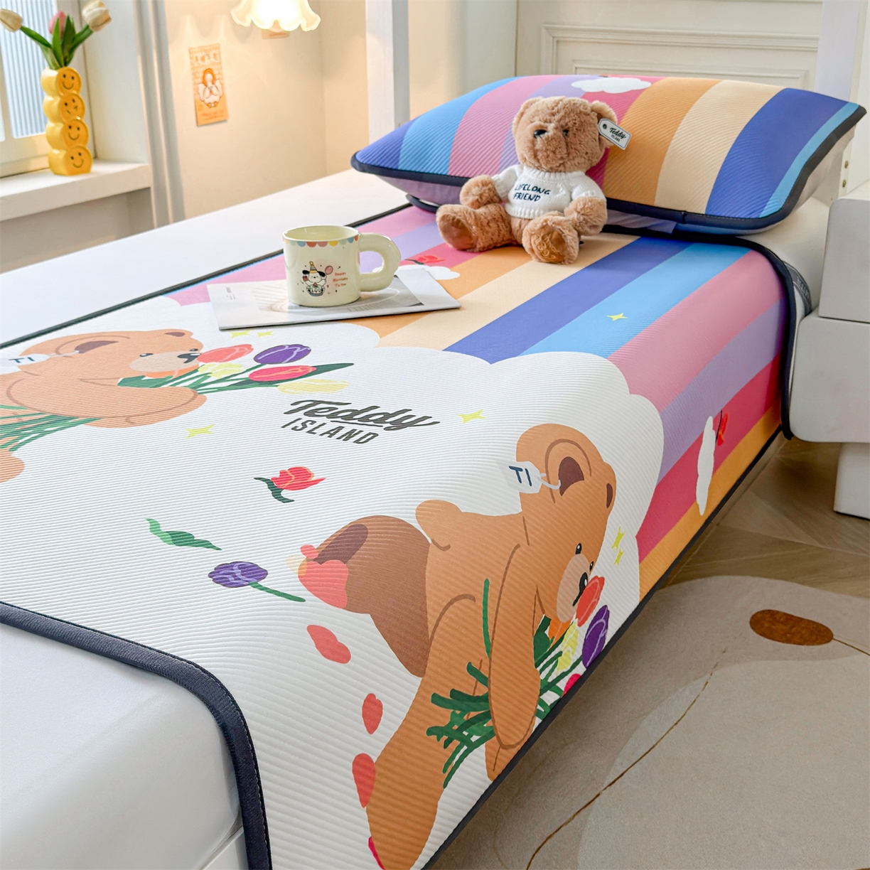 91家纺网 家纺一手货源 找家纺 慕木家纺 2026新款A类三明治复合冰丝席泰迪爱兰系列学生款（正版授权）（提供买家秀） 泰迪彩虹