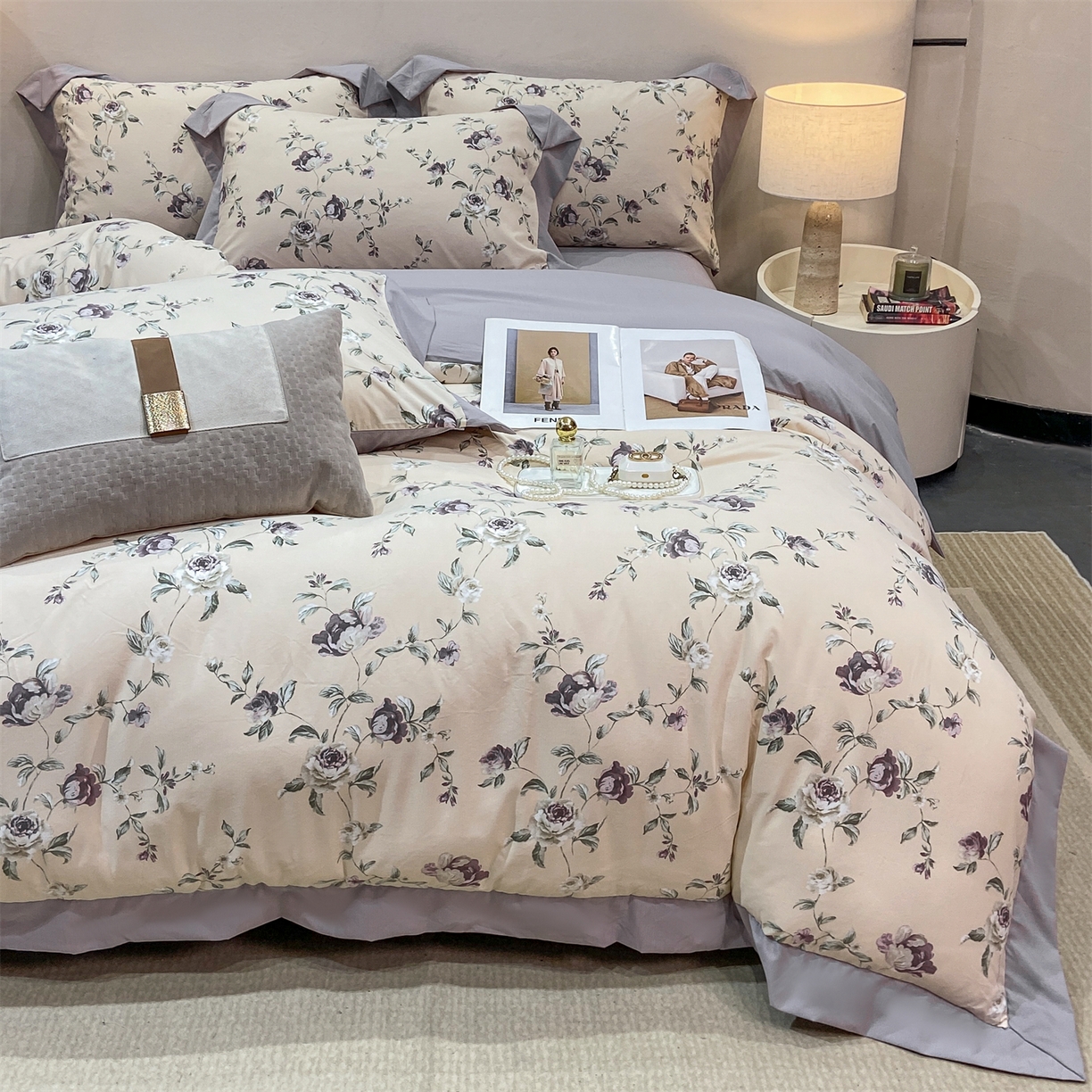 91家纺网 家纺一手货源 找家纺 （总）慕木家纺 2026新款A类印花拼角工艺慕斯棉四件套系列（抽空压缩可供跨境）提供买家秀