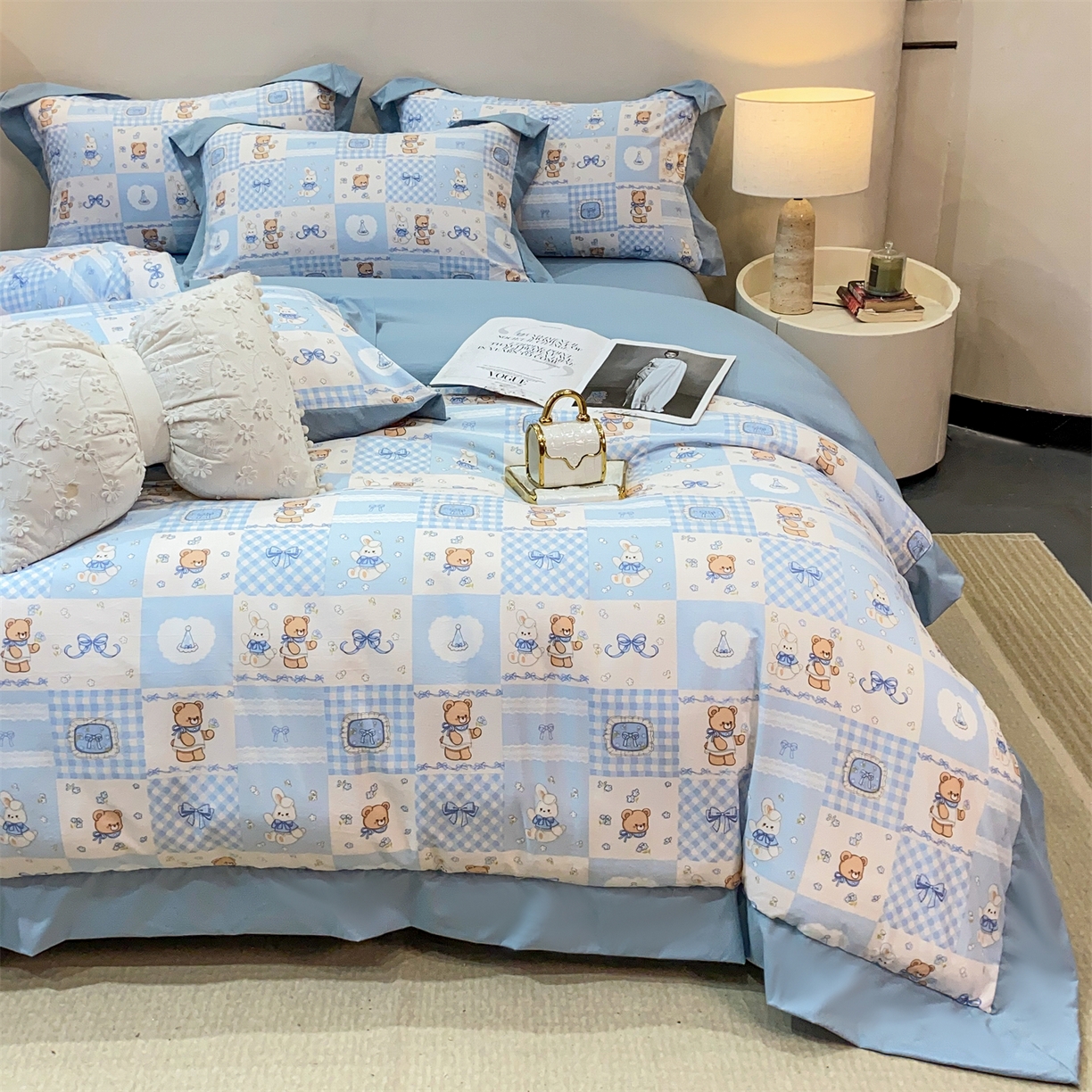 91家纺网 家纺一手货源 找家纺 （总）慕木家纺 2026新款A类印花拼角工艺慕斯棉四件套系列（抽空压缩可供跨境）提供买家秀