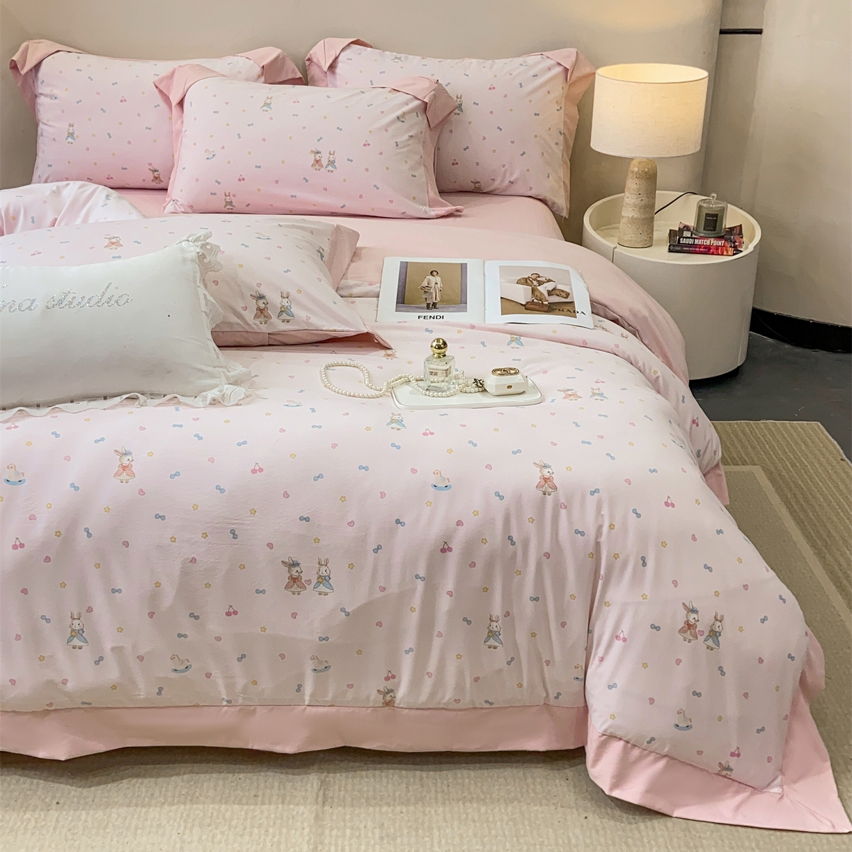 91家纺网 家纺一手货源 找家纺 （总）慕木家纺 2026新款A类印花拼角工艺慕斯棉四件套系列（抽空压缩可供跨境）提供买家秀