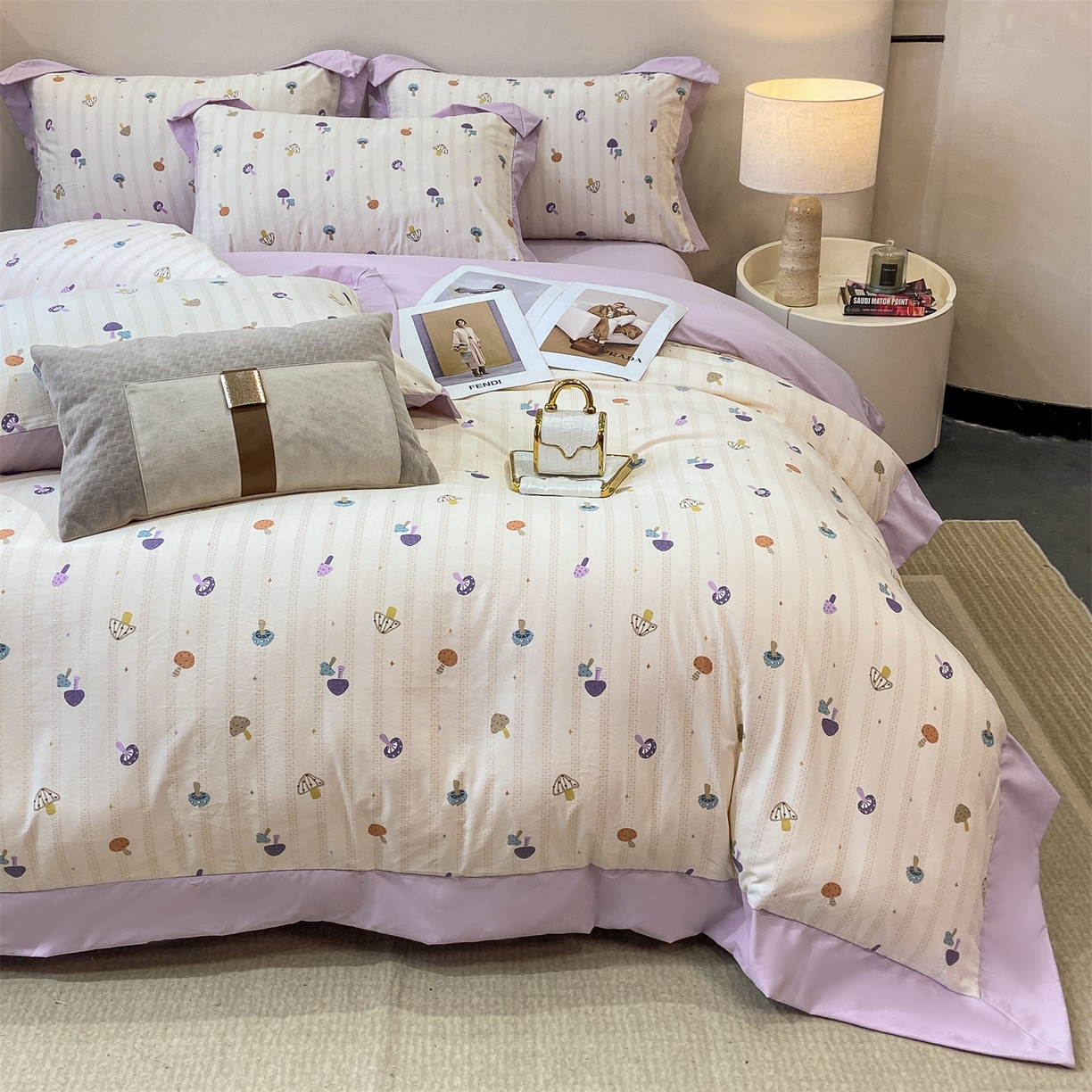 91家纺网 家纺一手货源 找家纺 （总）慕木家纺 2026新款A类印花拼角工艺慕斯棉四件套系列（抽空压缩可供跨境）提供买家秀