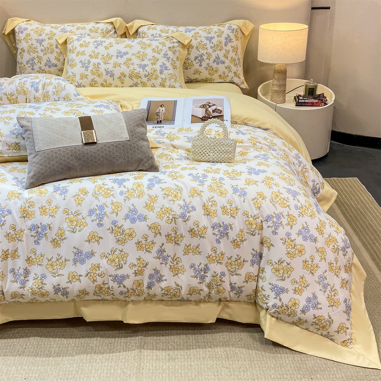 慕木家纺 2026新款A类印花拼角工艺慕斯棉四件套系列（抽空压缩可供跨境）提供买家秀 金兰+黄