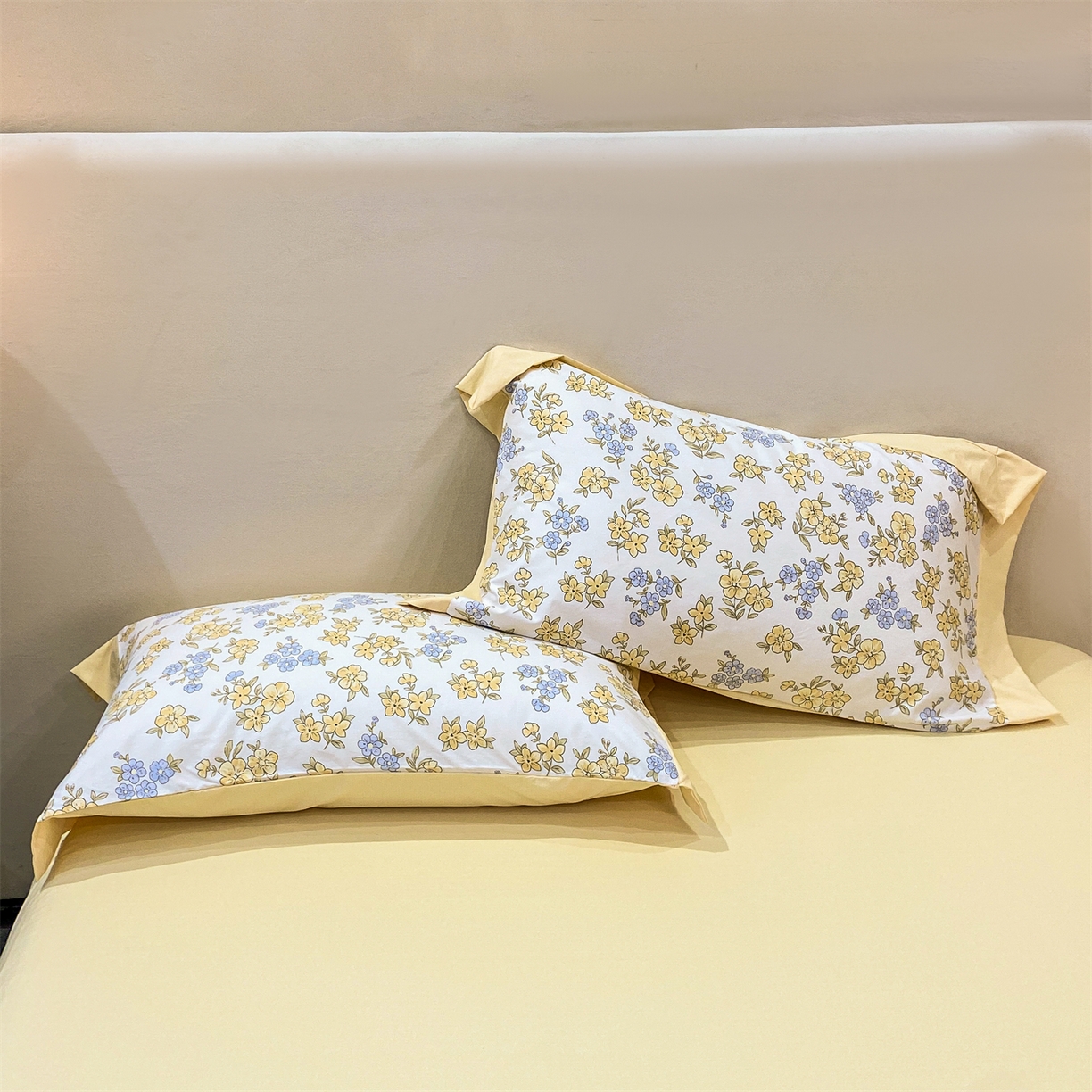 91家纺网 家纺一手货源 找家纺 慕木家纺 2026新款A类印花拼角工艺慕斯棉四件套系列（抽空压缩可供跨境）提供买家秀 金兰+黄