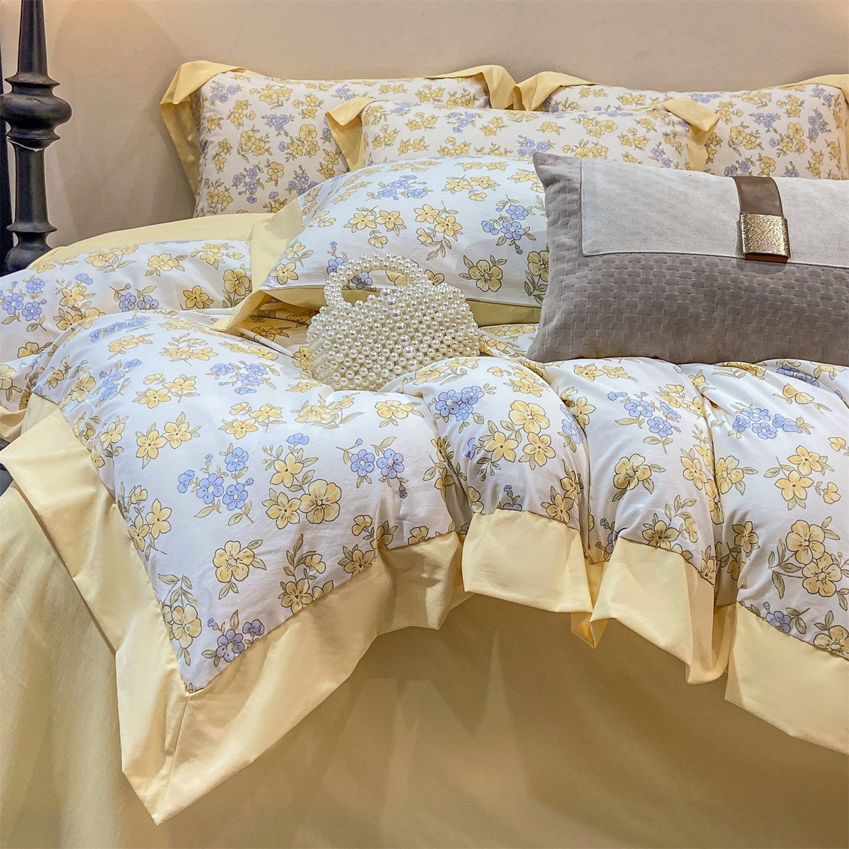 91家纺网 家纺一手货源 找家纺 慕木家纺 2026新款A类印花拼角工艺慕斯棉四件套系列（抽空压缩可供跨境）提供买家秀 金兰+黄