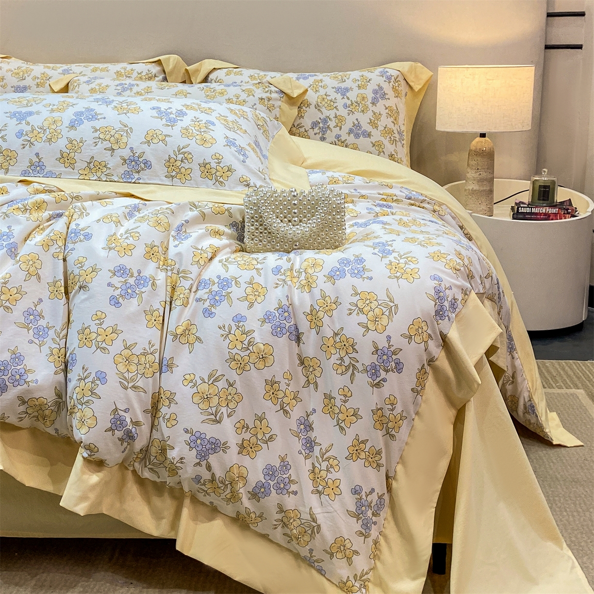 91家纺网 家纺一手货源 找家纺 慕木家纺 2026新款A类印花拼角工艺慕斯棉四件套系列（抽空压缩可供跨境）提供买家秀 金兰+黄