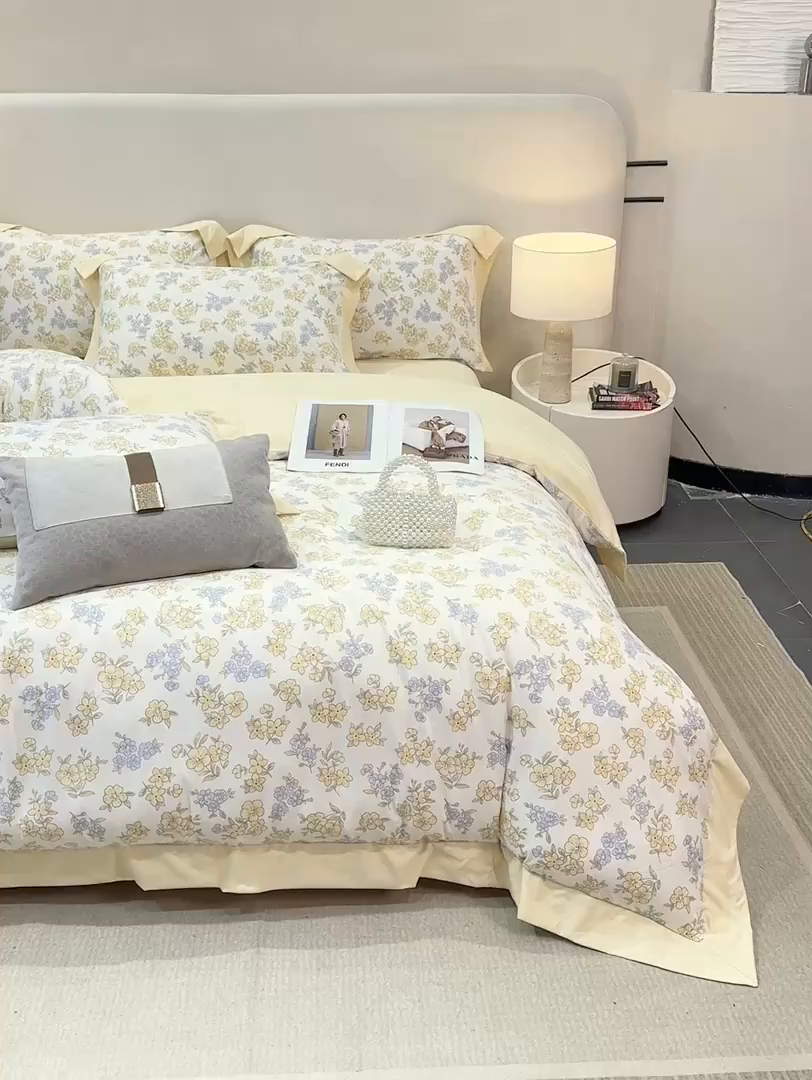 91家纺网 家纺一手货源 找家纺 慕木家纺 2026新款A类印花拼角工艺慕斯棉四件套系列（抽空压缩可供跨境）提供买家秀 金兰+黄