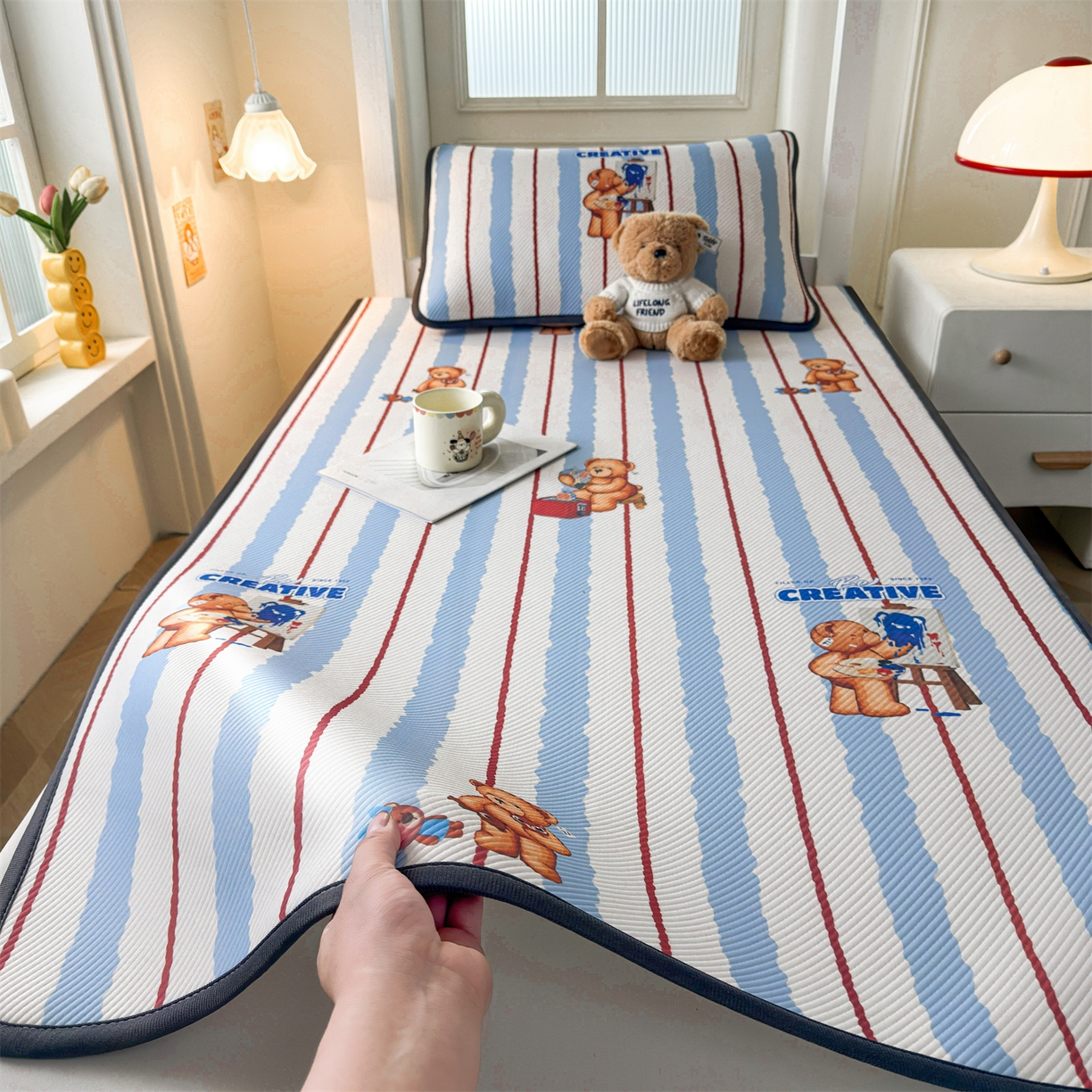 慕木家纺 2026新款A类三明治复合冰丝席泰迪爱兰系列学生款（正版授权）（提供买家秀） 泰迪条纹蓝