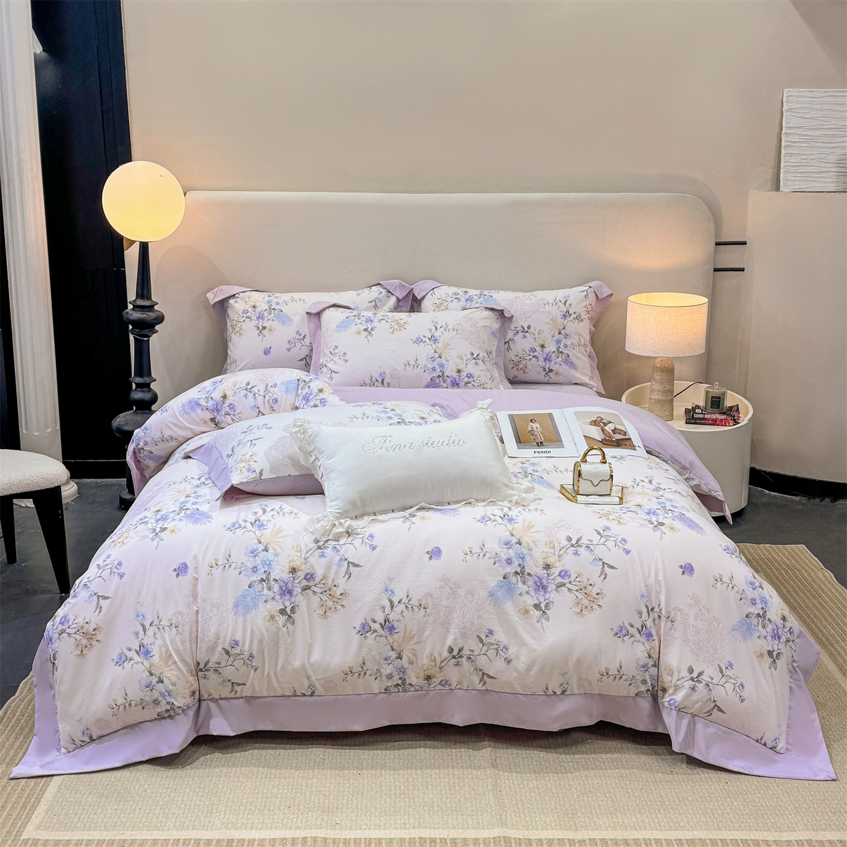 91家纺网 家纺一手货源 找家纺 慕木家纺 2026新款A类印花拼角工艺慕斯棉四件套系列（抽空压缩可供跨境）提供买家秀 莫兰迪+浅紫