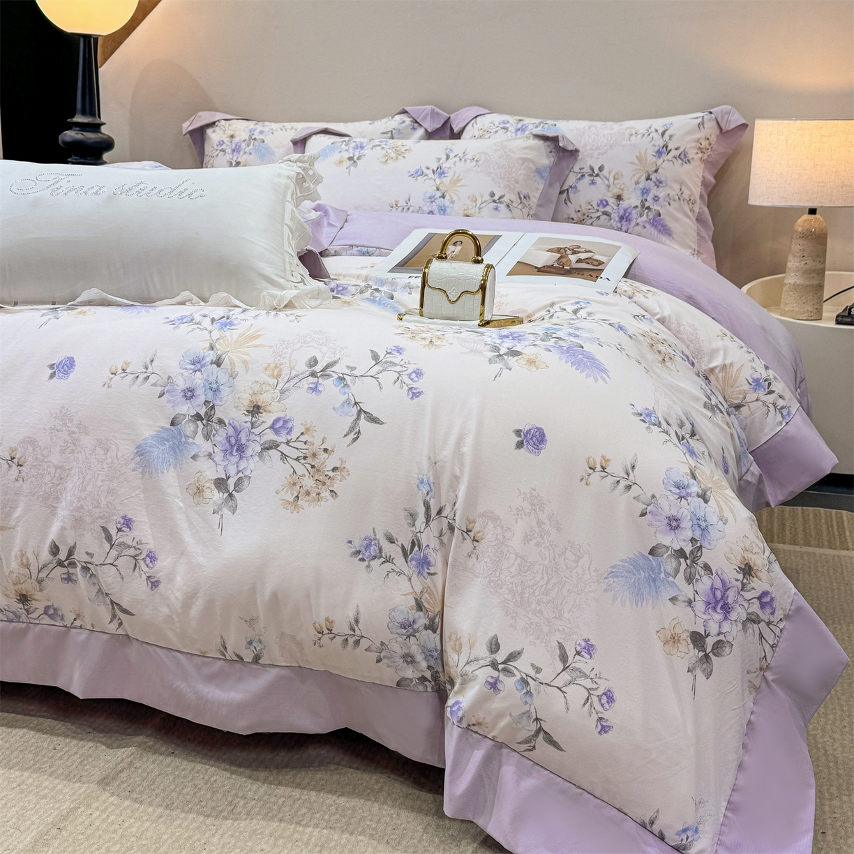 91家纺网 家纺一手货源 找家纺 慕木家纺 2026新款A类印花拼角工艺慕斯棉四件套系列（抽空压缩可供跨境）提供买家秀 莫兰迪+浅紫