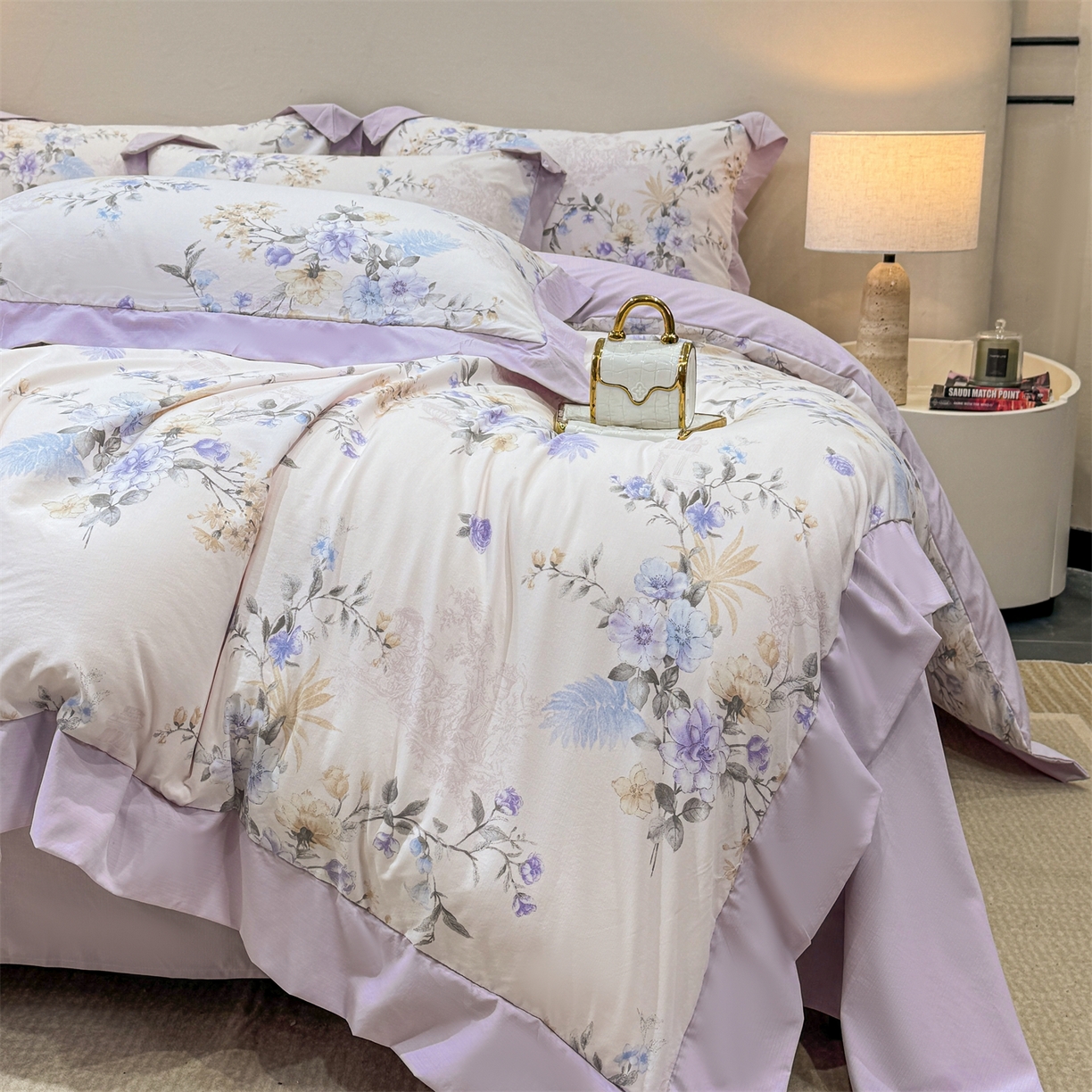 91家纺网 家纺一手货源 找家纺 慕木家纺 2026新款A类印花拼角工艺慕斯棉四件套系列（抽空压缩可供跨境）提供买家秀 莫兰迪+浅紫