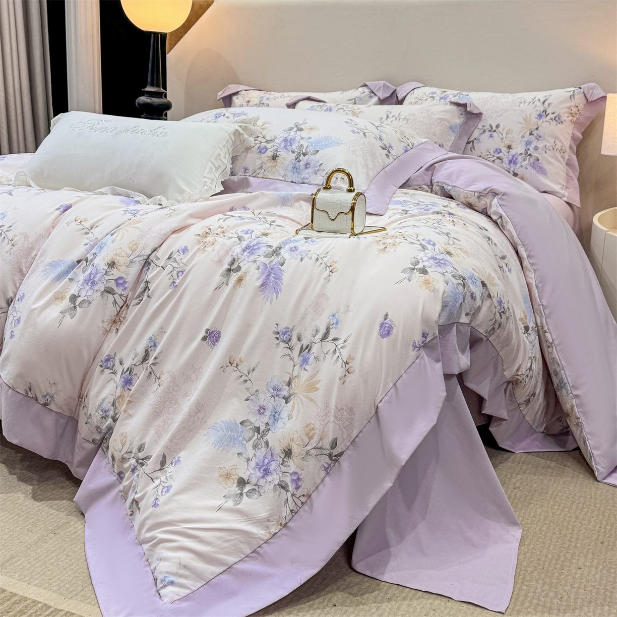 91家纺网 家纺一手货源 找家纺 慕木家纺 2026新款A类印花拼角工艺慕斯棉四件套系列（抽空压缩可供跨境）提供买家秀 莫兰迪+浅紫