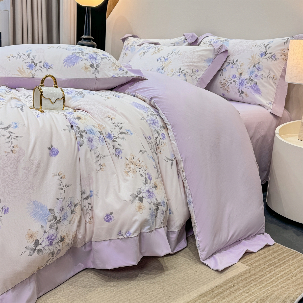 91家纺网 家纺一手货源 找家纺 慕木家纺 2026新款A类印花拼角工艺慕斯棉四件套系列（抽空压缩可供跨境）提供买家秀 莫兰迪+浅紫