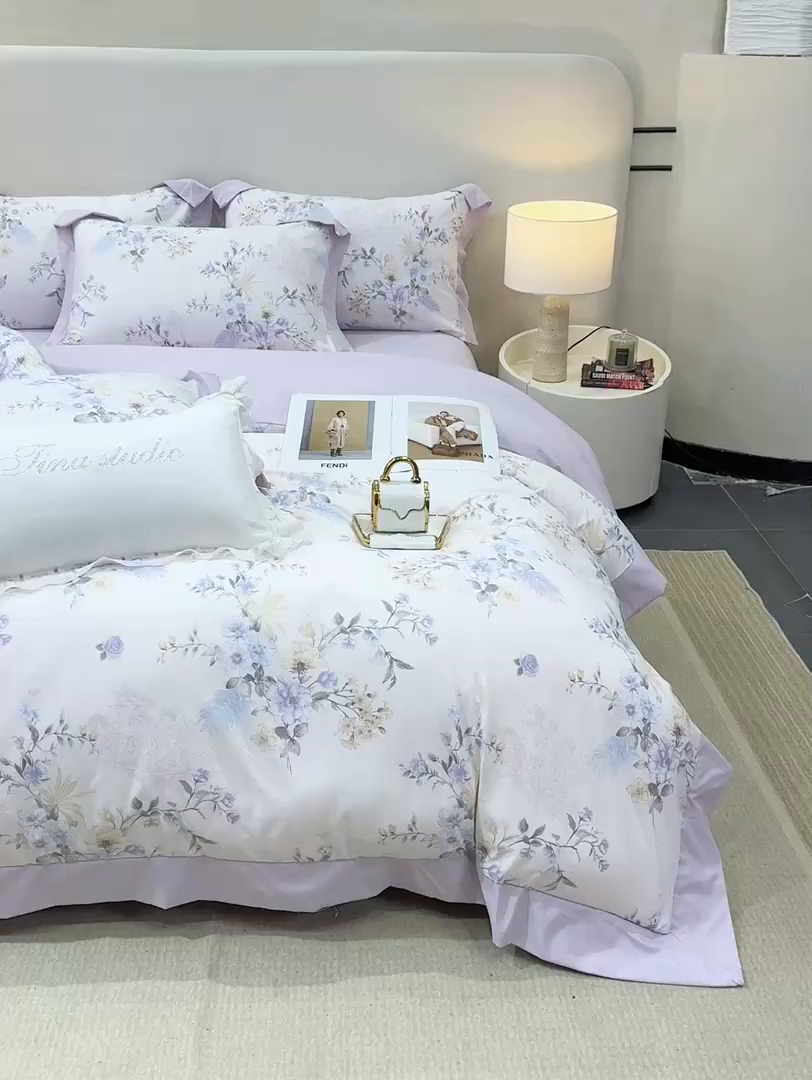 91家纺网 家纺一手货源 找家纺 慕木家纺 2026新款A类印花拼角工艺慕斯棉四件套系列（抽空压缩可供跨境）提供买家秀 莫兰迪+浅紫