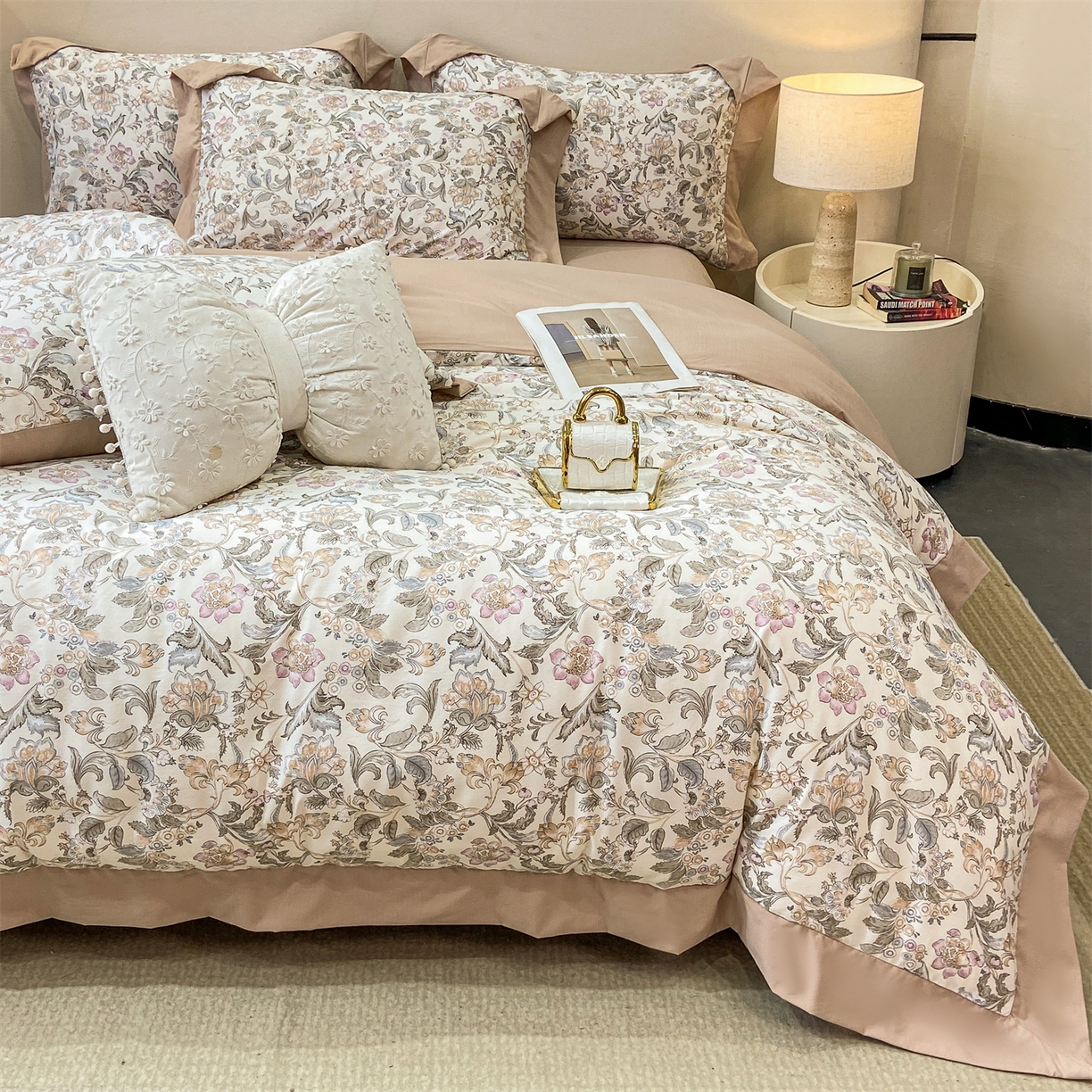 慕木家纺 2026新款A类印花拼角工艺慕斯棉四件套系列（抽空压缩可供跨境）提供买家秀 锦芙+驼