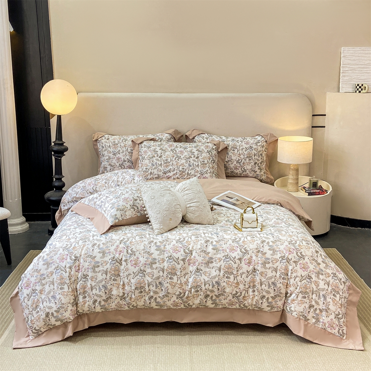 91家纺网 家纺一手货源 找家纺 慕木家纺 2026新款A类印花拼角工艺慕斯棉四件套系列（抽空压缩可供跨境）提供买家秀 锦芙+驼