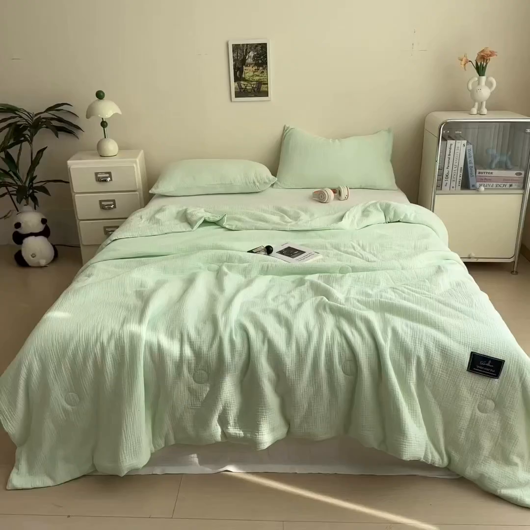 91家纺网 家纺一手货源 找家纺 （总）沐珩家纺 2026新款A类母婴级全棉皱皱纱大豆夏被纯色夏凉被