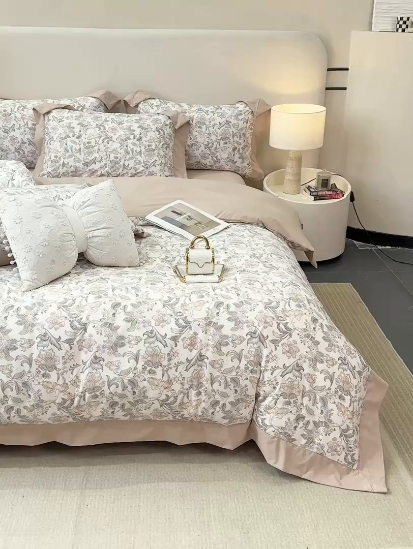 91家纺网 家纺一手货源 找家纺 慕木家纺 2026新款A类印花拼角工艺慕斯棉四件套系列（抽空压缩可供跨境）提供买家秀 锦芙+驼