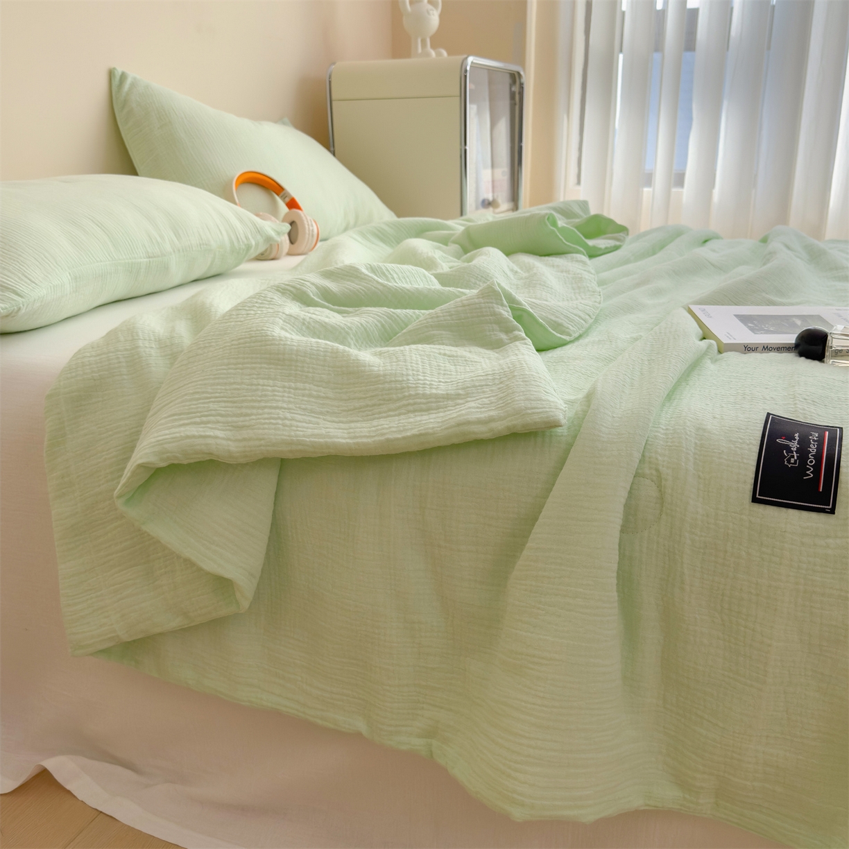 91家纺网 家纺一手货源 找家纺 （总）沐珩家纺 2026新款A类母婴级全棉皱皱纱大豆夏被纯色夏凉被