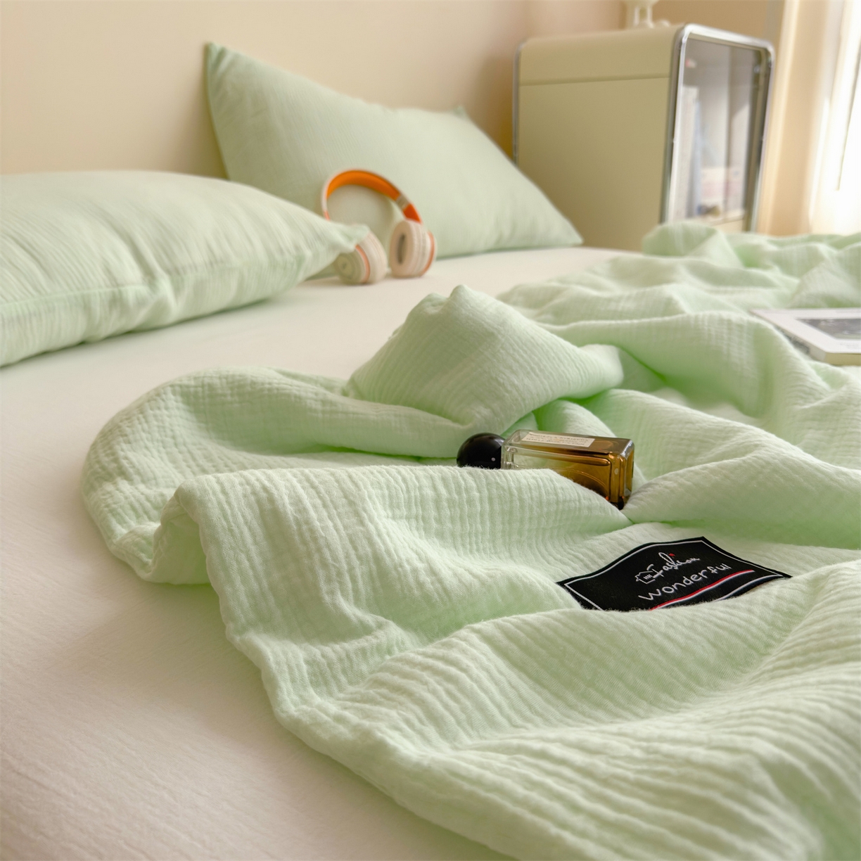 91家纺网 家纺一手货源 找家纺 （总）沐珩家纺 2026新款A类母婴级全棉皱皱纱大豆夏被纯色夏凉被