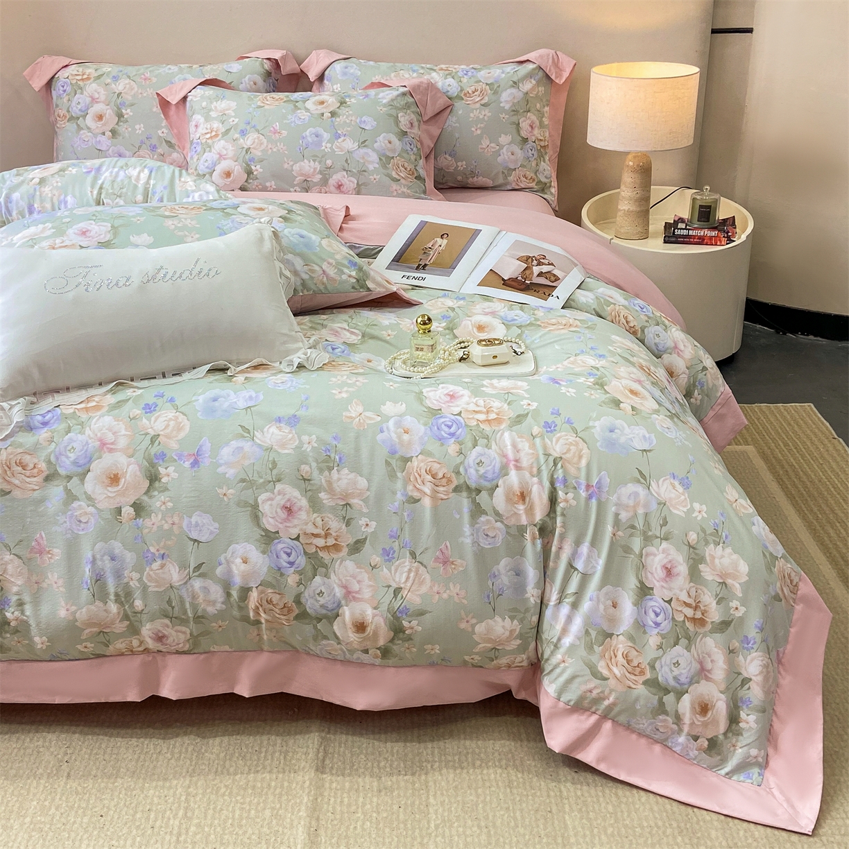 慕木家纺 2026新款A类印花拼角工艺慕斯棉四件套系列（抽空压缩可供跨境）提供买家秀 青妍+粉