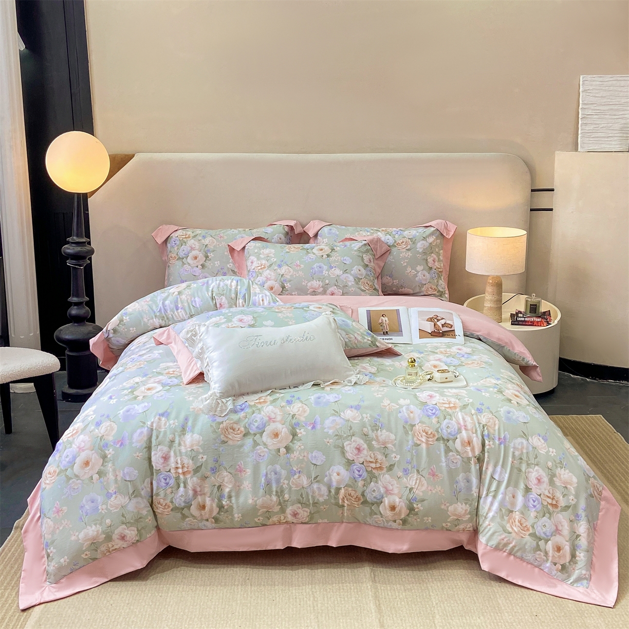 91家纺网 家纺一手货源 找家纺 慕木家纺 2026新款A类印花拼角工艺慕斯棉四件套系列（抽空压缩可供跨境）提供买家秀 青妍+粉