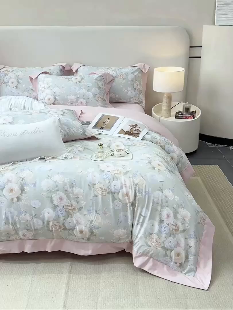 91家纺网 家纺一手货源 找家纺 慕木家纺 2026新款A类印花拼角工艺慕斯棉四件套系列（抽空压缩可供跨境）提供买家秀 青妍+粉