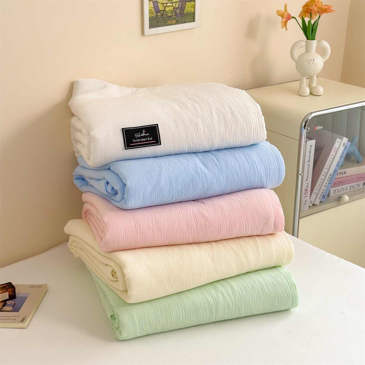 91家纺网 家纺一手货源 找家纺 （总）沐珩家纺 2026新款A类母婴级全棉皱皱纱大豆夏被纯色夏凉被