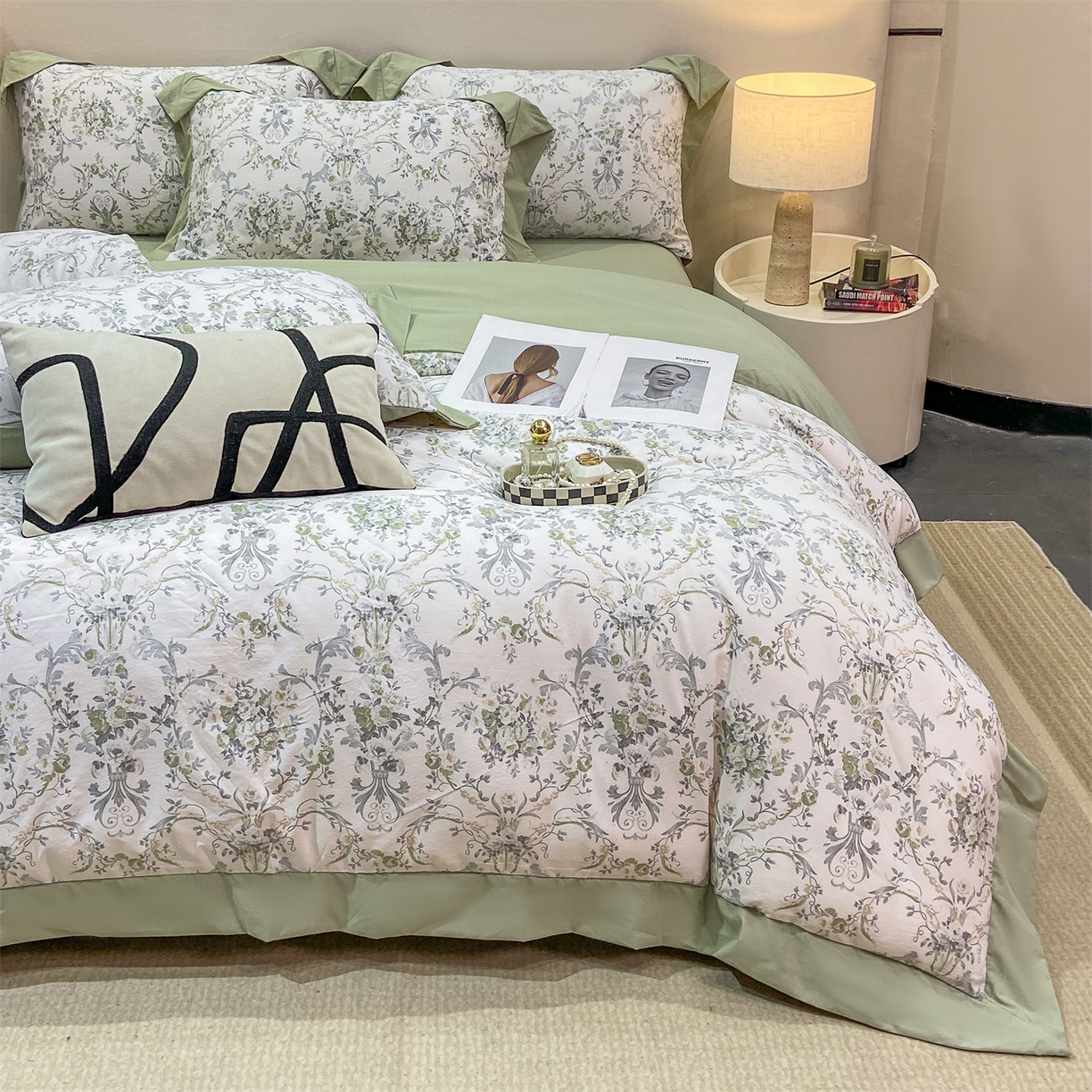 慕木家纺 2026新款A类印花拼角工艺慕斯棉四件套系列（抽空压缩可供跨境）提供买家秀 清漫+绿