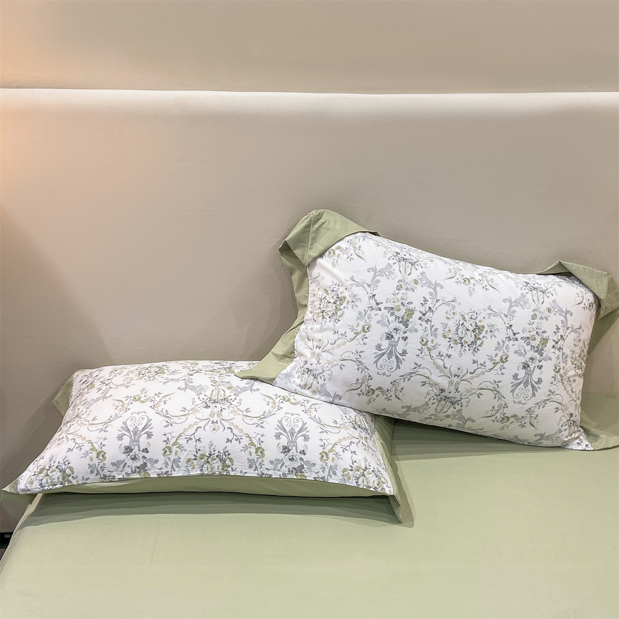 91家纺网 家纺一手货源 找家纺 慕木家纺 2026新款A类印花拼角工艺慕斯棉四件套系列（抽空压缩可供跨境）提供买家秀 清漫+绿