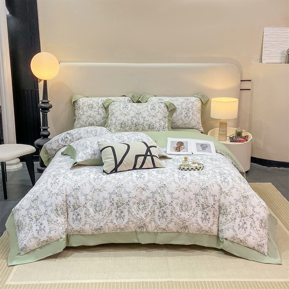 91家纺网 家纺一手货源 找家纺 慕木家纺 2026新款A类印花拼角工艺慕斯棉四件套系列（抽空压缩可供跨境）提供买家秀 清漫+绿