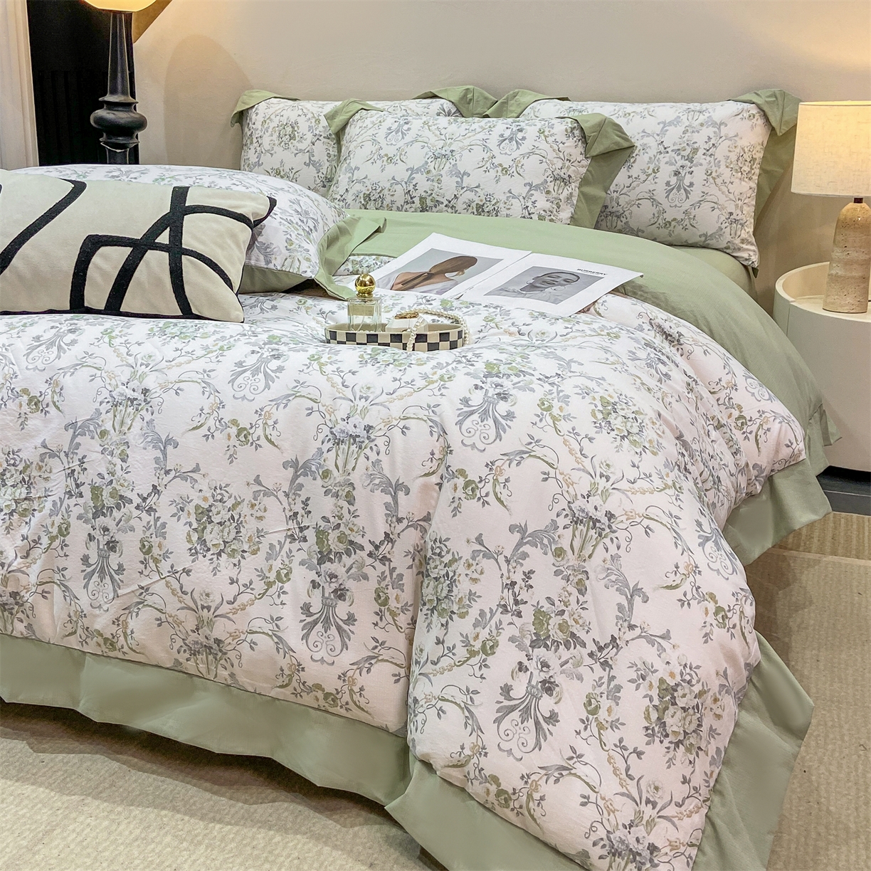 91家纺网 家纺一手货源 找家纺 慕木家纺 2026新款A类印花拼角工艺慕斯棉四件套系列（抽空压缩可供跨境）提供买家秀 清漫+绿