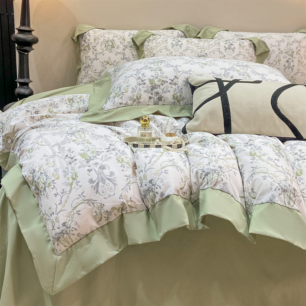 91家纺网 家纺一手货源 找家纺 慕木家纺 2026新款A类印花拼角工艺慕斯棉四件套系列（抽空压缩可供跨境）提供买家秀 清漫+绿