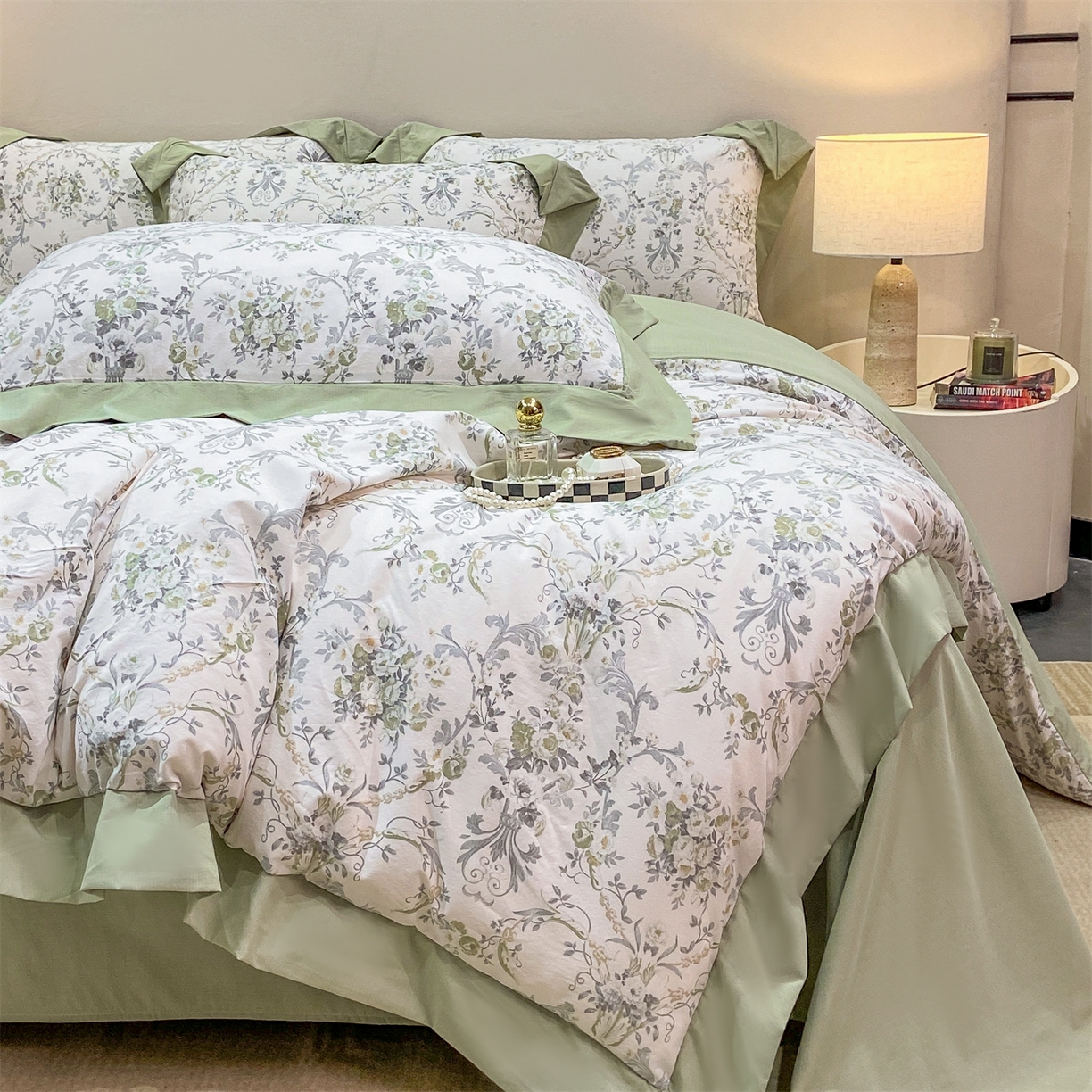 91家纺网 家纺一手货源 找家纺 慕木家纺 2026新款A类印花拼角工艺慕斯棉四件套系列（抽空压缩可供跨境）提供买家秀 清漫+绿