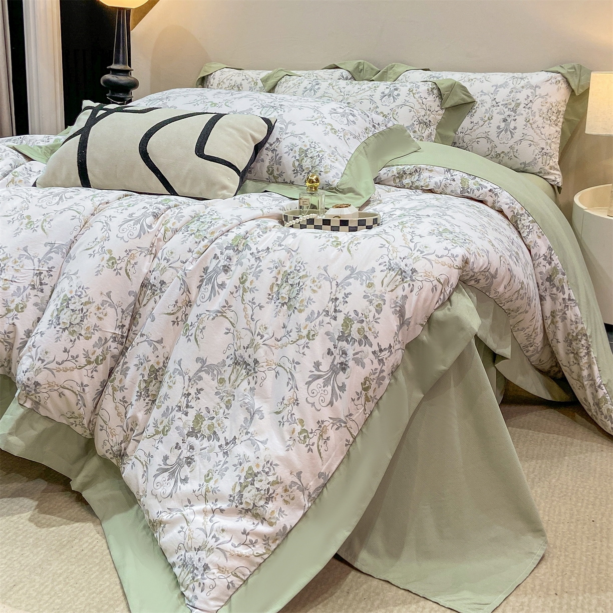 91家纺网 家纺一手货源 找家纺 慕木家纺 2026新款A类印花拼角工艺慕斯棉四件套系列（抽空压缩可供跨境）提供买家秀 清漫+绿