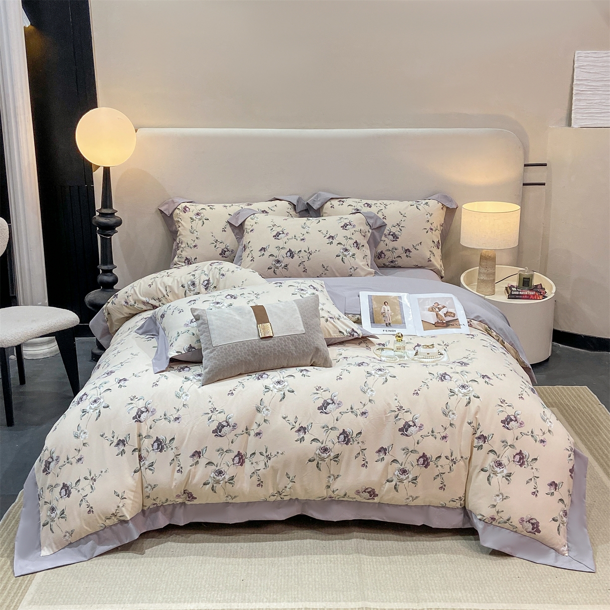 91家纺网 家纺一手货源 找家纺 慕木家纺 2026新款A类印花拼角工艺慕斯棉四件套系列（抽空压缩可供跨境）提供买家秀 洛雅+黛紫