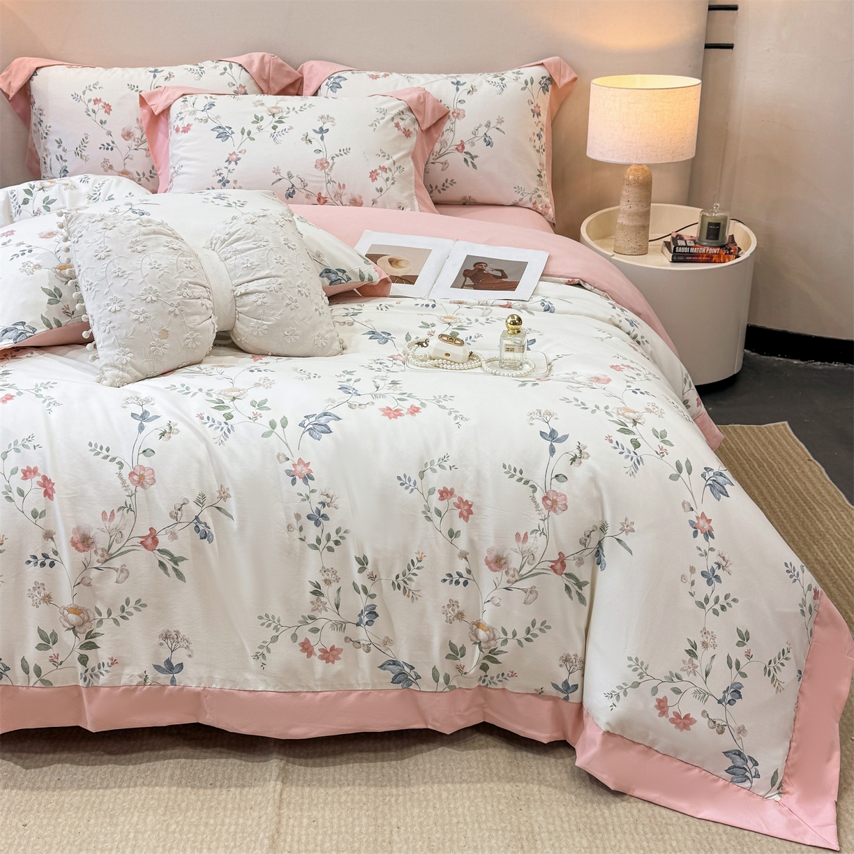 慕木家纺 2026新款A类印花拼角工艺慕斯棉四件套系列（抽空压缩可供跨境）提供买家秀 洛可可+粉