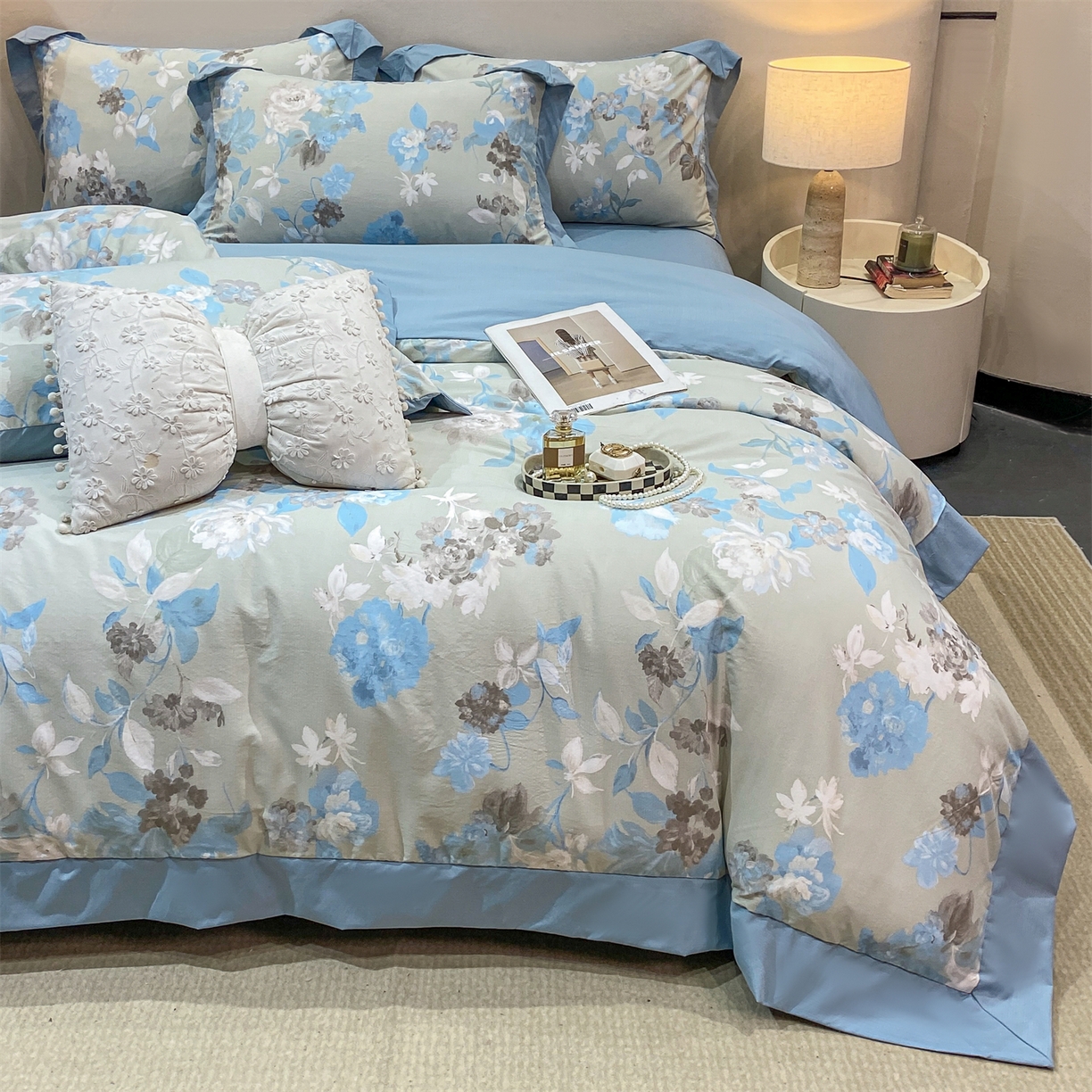 慕木家纺 2026新款A类印花拼角工艺慕斯棉四件套系列（抽空压缩可供跨境）提供买家秀 蓝漪+蓝