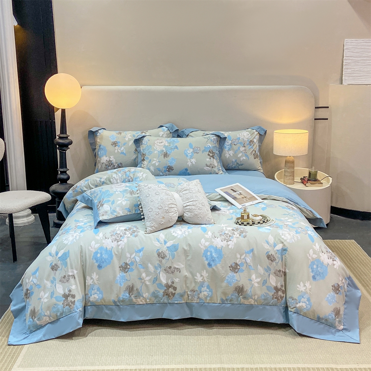 91家纺网 家纺一手货源 找家纺 慕木家纺 2026新款A类印花拼角工艺慕斯棉四件套系列（抽空压缩可供跨境）提供买家秀 蓝漪+蓝