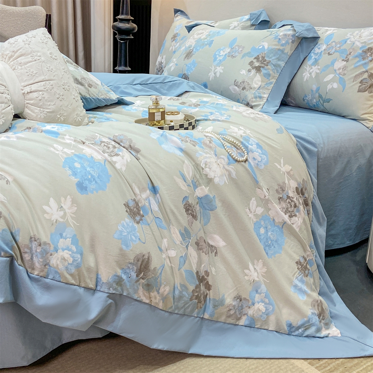 91家纺网 家纺一手货源 找家纺 慕木家纺 2026新款A类印花拼角工艺慕斯棉四件套系列（抽空压缩可供跨境）提供买家秀 蓝漪+蓝