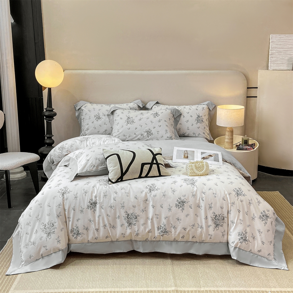 91家纺网 家纺一手货源 找家纺 慕木家纺 2026新款A类印花拼角工艺慕斯棉四件套系列（抽空压缩可供跨境）提供买家秀 墨芳+灰