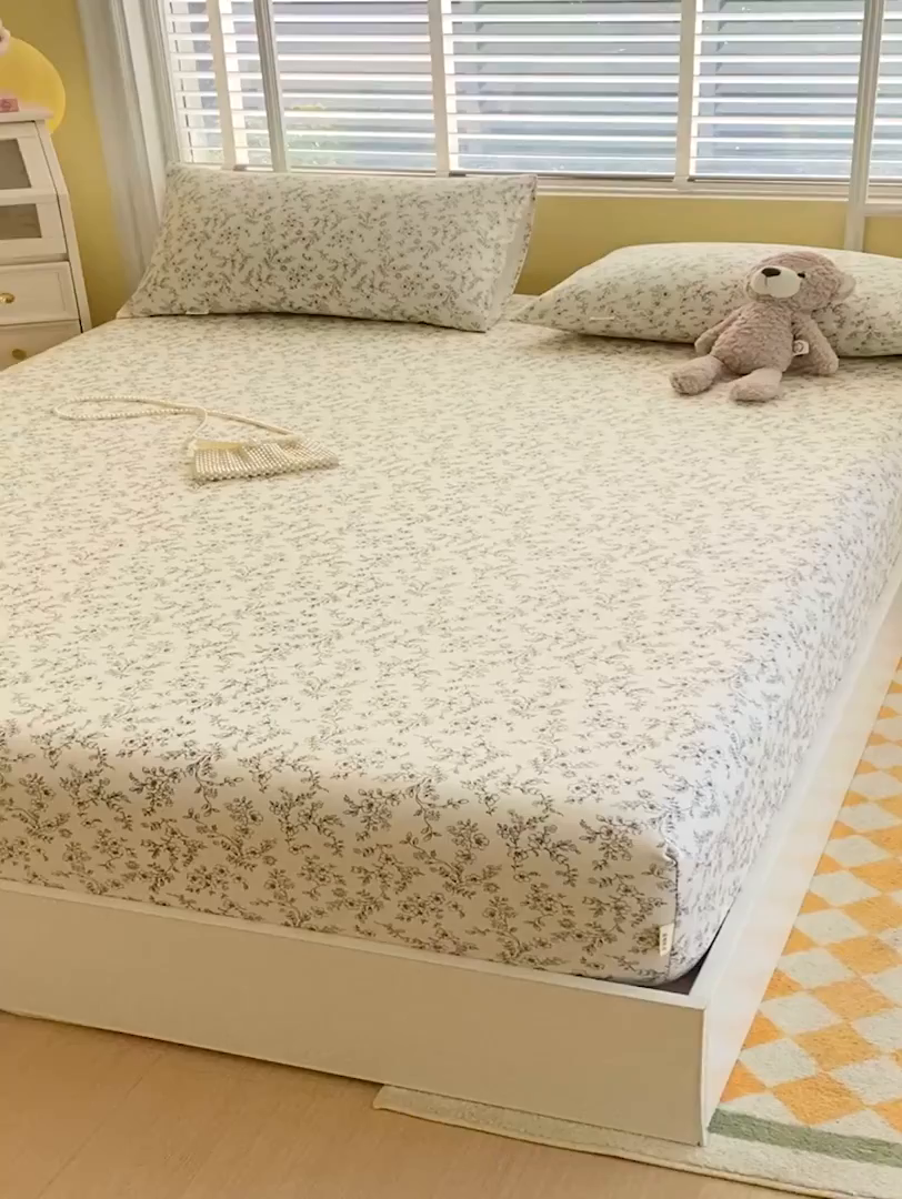 91家纺网 家纺一手货源 找家纺 （总）欧妮家纺 2025新款全棉老粗布单床笠床垫套夏季凉席枕套三件套-花卉系列