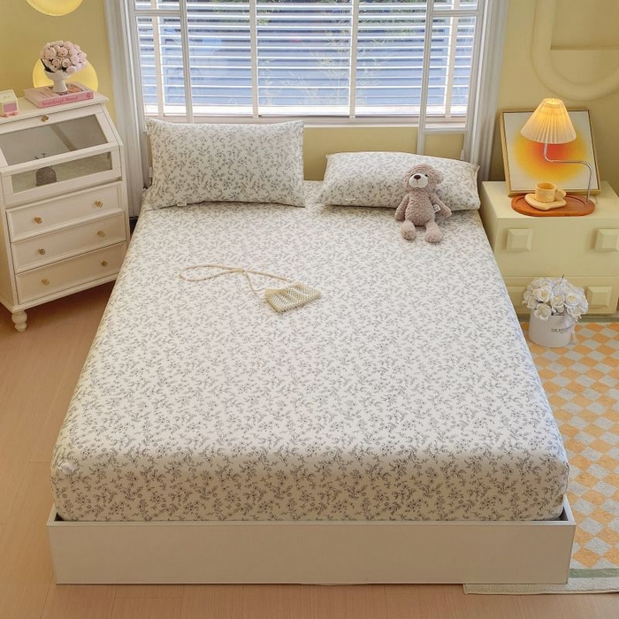 91家纺网 家纺一手货源 找家纺 （总）欧妮家纺 2025新款全棉老粗布单床笠床垫套夏季凉席枕套三件套-花卉系列